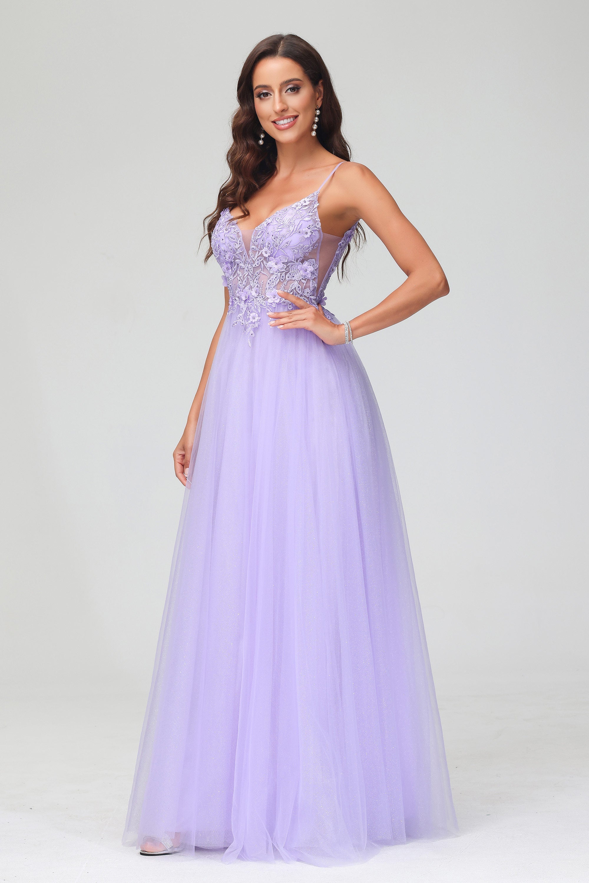 V Neck Rhinestone See-through Applique Tulle Long Prom Party Dress Formal Evening Gowns
