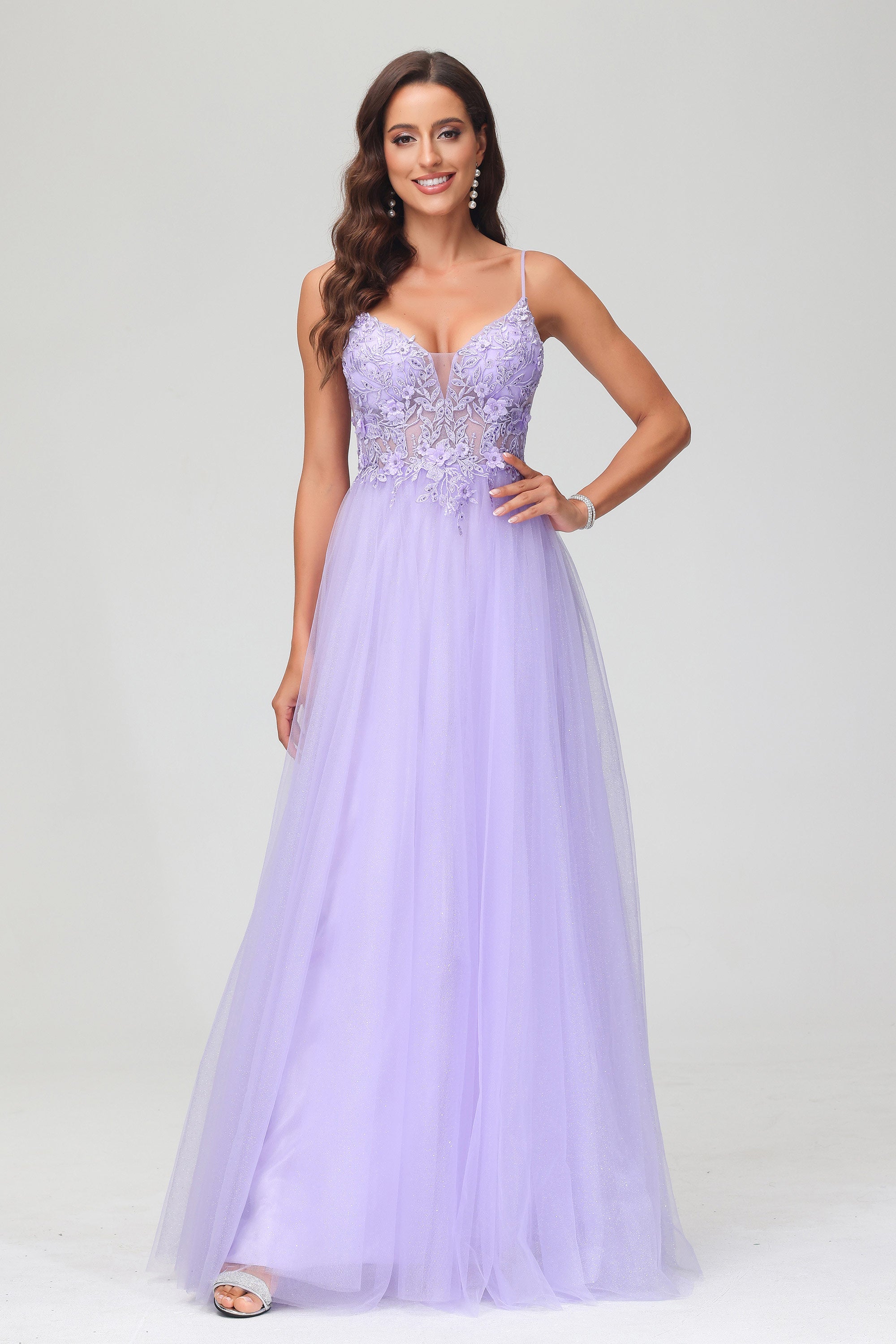 V Neck Rhinestone See-through Applique Tulle Long Prom Party Dress Formal Evening Gowns