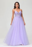 V Neck Rhinestone See-through Applique Tulle Long Prom Party Dress Formal Evening Gowns