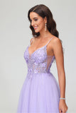 V Neck Rhinestone See-through Applique Tulle Long Prom Party Dress Formal Evening Gowns