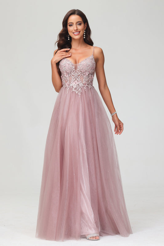 V Neck Rhinestone See-through Applique Tulle Long Prom Party Dress Formal Evening Gowns