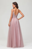 V Neck Rhinestone See-through Applique Tulle Long Prom Party Dress Formal Evening Gowns