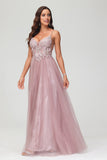 V Neck Rhinestone See-through Applique Tulle Long Prom Party Dress Formal Evening Gowns