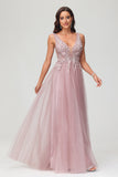 A Line V Neck Applique See-through Beaded Tulle Prom Party Dress Formal Evening Ball Gowns