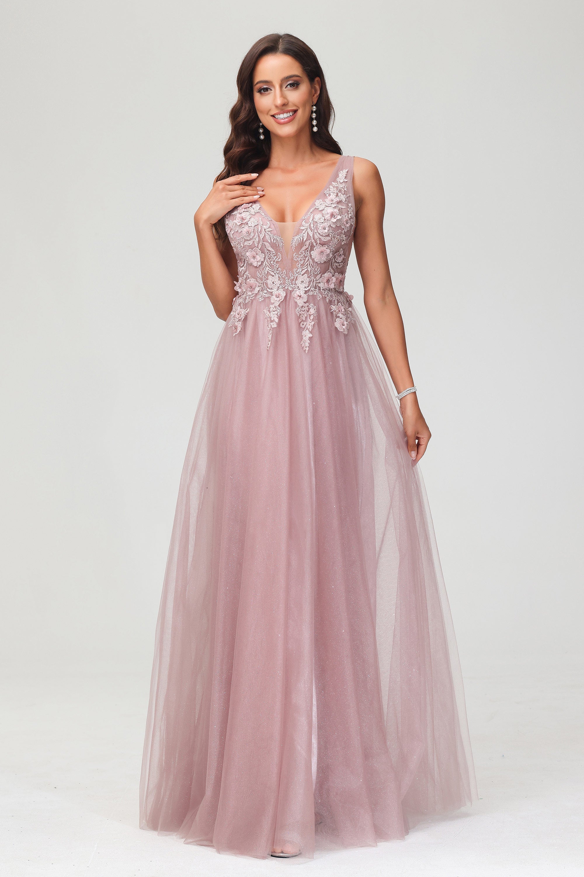 A Line V Neck Applique See-through Beaded Tulle Prom Party Dress Formal Evening Ball Gowns