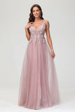 A Line V Neck Applique See-through Beaded Tulle Prom Party Dress Formal Evening Ball Gowns