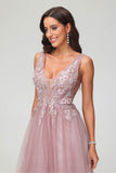 A Line V Neck Applique See-through Beaded Tulle Prom Party Dress Formal Evening Ball Gowns