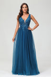 A Line V Neck Applique See-through Beaded Tulle Prom Party Dress Formal Evening Ball Gowns