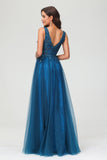 A Line V Neck Applique See-through Beaded Tulle Prom Party Dress Formal Evening Ball Gowns