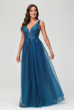 A Line V Neck Applique See-through Beaded Tulle Prom Party Dress Formal Evening Ball Gowns