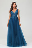 A Line V Neck Applique See-through Beaded Tulle Prom Party Dress Formal Evening Ball Gowns