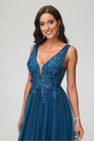 A Line V Neck Applique See-through Beaded Tulle Prom Party Dress Formal Evening Ball Gowns