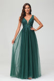 A Line V Neck Applique See-through Beaded Tulle Prom Party Dress Formal Evening Ball Gowns