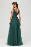 A Line V Neck Applique See-through Beaded Tulle Prom Party Dress Formal Evening Ball Gowns