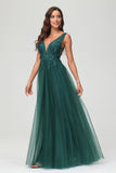 A Line V Neck Applique See-through Beaded Tulle Prom Party Dress Formal Evening Ball Gowns