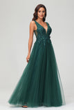 A Line V Neck Applique See-through Beaded Tulle Prom Party Dress Formal Evening Ball Gowns