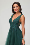 A Line V Neck Applique See-through Beaded Tulle Prom Party Dress Formal Evening Ball Gowns