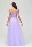 A Line V Neck Applique See-through Beaded Tulle Prom Party Dress Formal Evening Ball Gowns