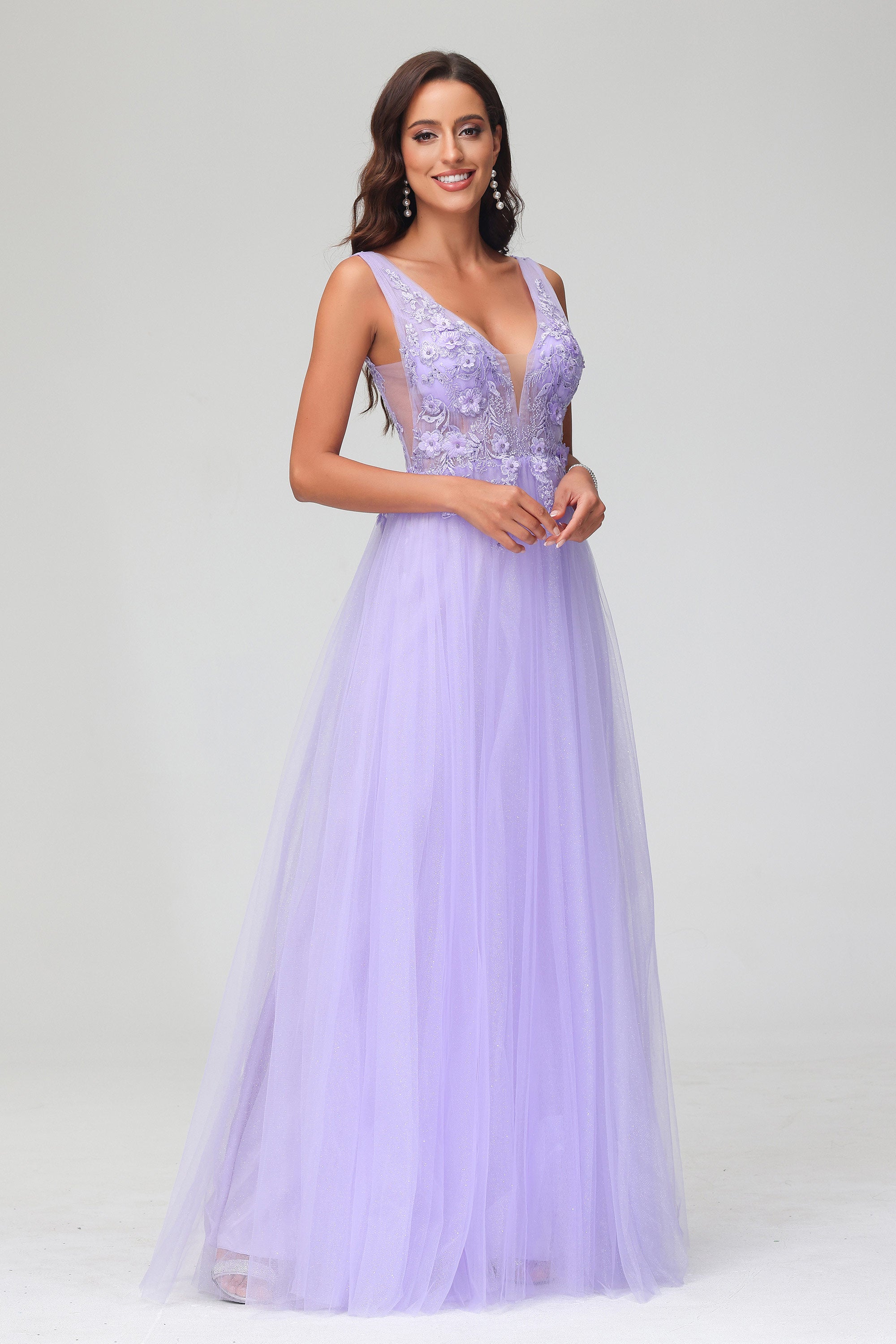 A Line V Neck Applique See-through Beaded Tulle Prom Party Dress Formal Evening Ball Gowns