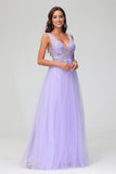 A Line V Neck Applique See-through Beaded Tulle Prom Party Dress Formal Evening Ball Gowns