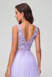 A Line V Neck Applique See-through Beaded Tulle Prom Party Dress Formal Evening Ball Gowns