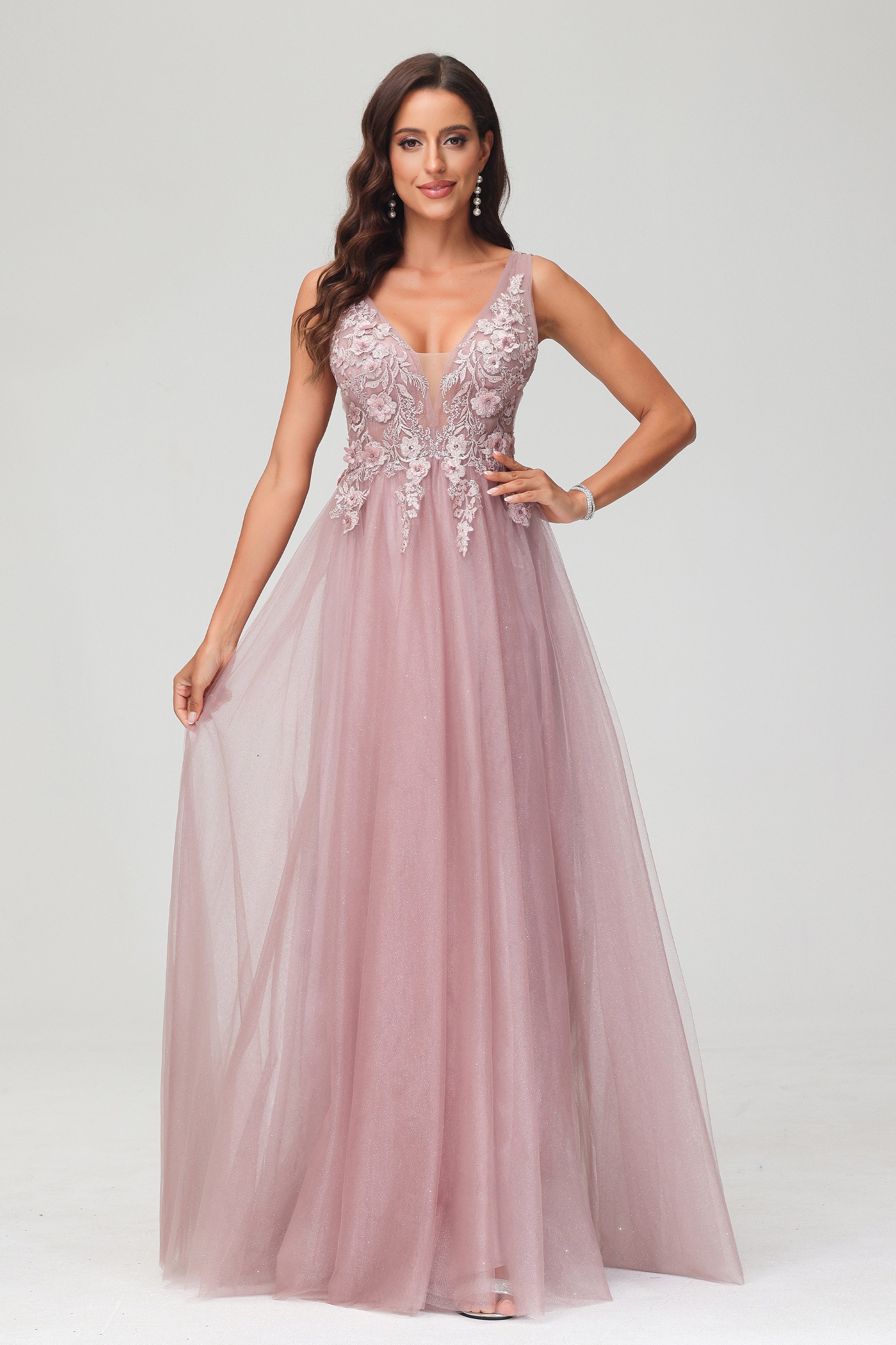 A Line V Neck Applique See-through Beaded Tulle Prom Party Dress Formal Evening Ball Gowns