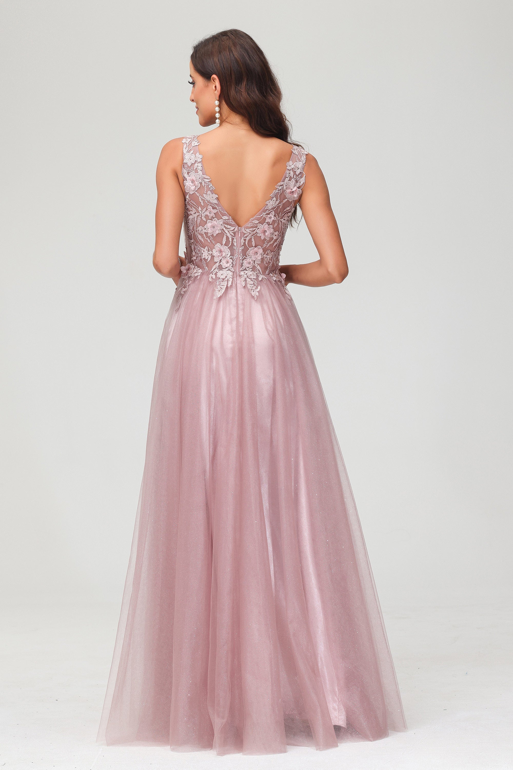 A Line V Neck Applique See-through Beaded Tulle Prom Party Dress Formal Evening Ball Gowns