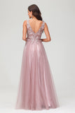 A Line V Neck Applique See-through Beaded Tulle Prom Party Dress Formal Evening Ball Gowns