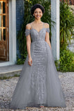 A-Linie Perlenapplikation Tüll Formales Abendkleid Abschlussball Partykleider