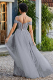 A-Linie Perlenapplikation Tüll Formales Abendkleid Abschlussball Partykleider