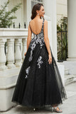 Glitzernde Perlenapplikationen A-Linie Tüll Maxi Ballkleid Partykleid Abendkleid