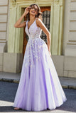 Glitzernde Perlenapplikationen A-Linie Tüll Maxi Ballkleid Partykleid Abendkleid
