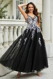 Glitzernde Perlenapplikationen A-Linie Tüll Maxi Ballkleid Partykleid Abendkleid