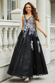 Glitzernde Perlenapplikationen A-Linie Tüll Maxi Ballkleid Partykleid Abendkleid