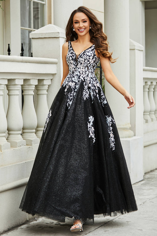Glitzernde Perlenapplikationen A-Linie Tüll Maxi Ballkleid Partykleid Abendkleid