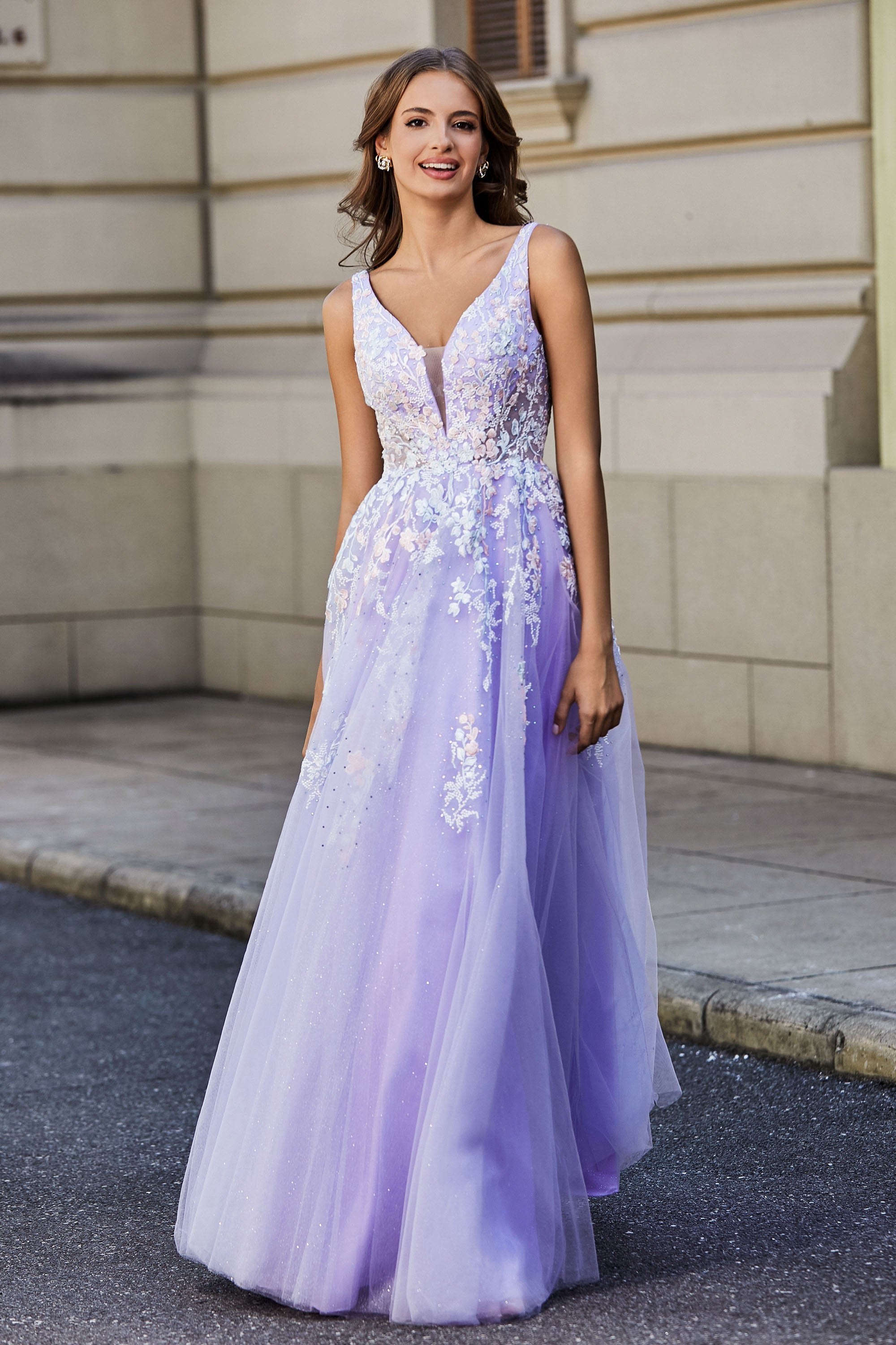 Glitzernde Perlenapplikationen A-Linie Tüll Maxi Ballkleid Partykleid Abendkleid