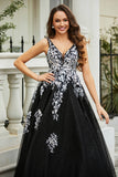 Glitzernde Perlenapplikationen A-Linie Tüll Maxi Ballkleid Partykleid Abendkleid