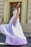 Plunging V-neck Applique A-Line Tulle Prom Party Dress Formal Evening Ball Gowns