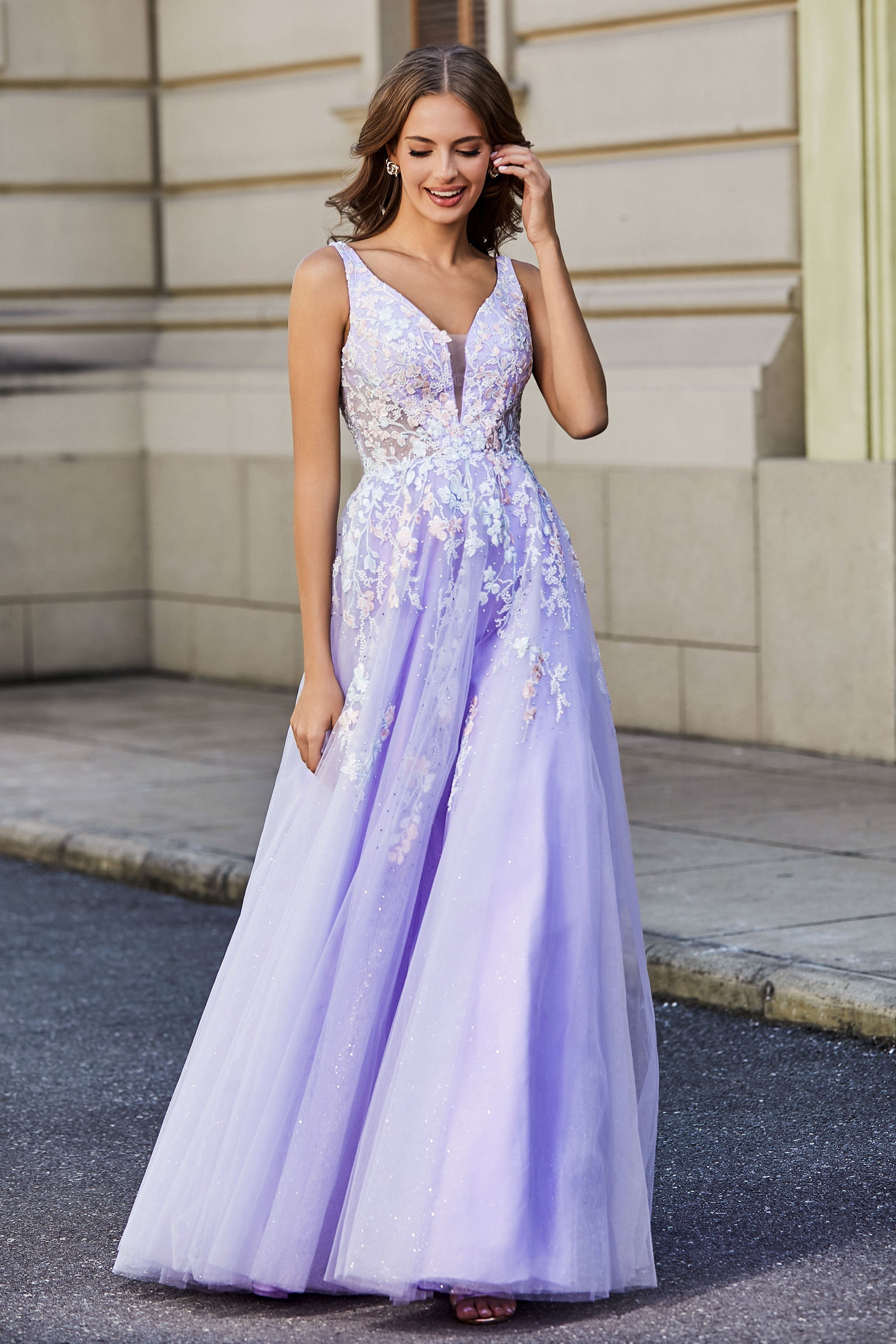 Glitzernde Perlenapplikationen A-Linie Tüll Maxi Ballkleid Partykleid Abendkleid