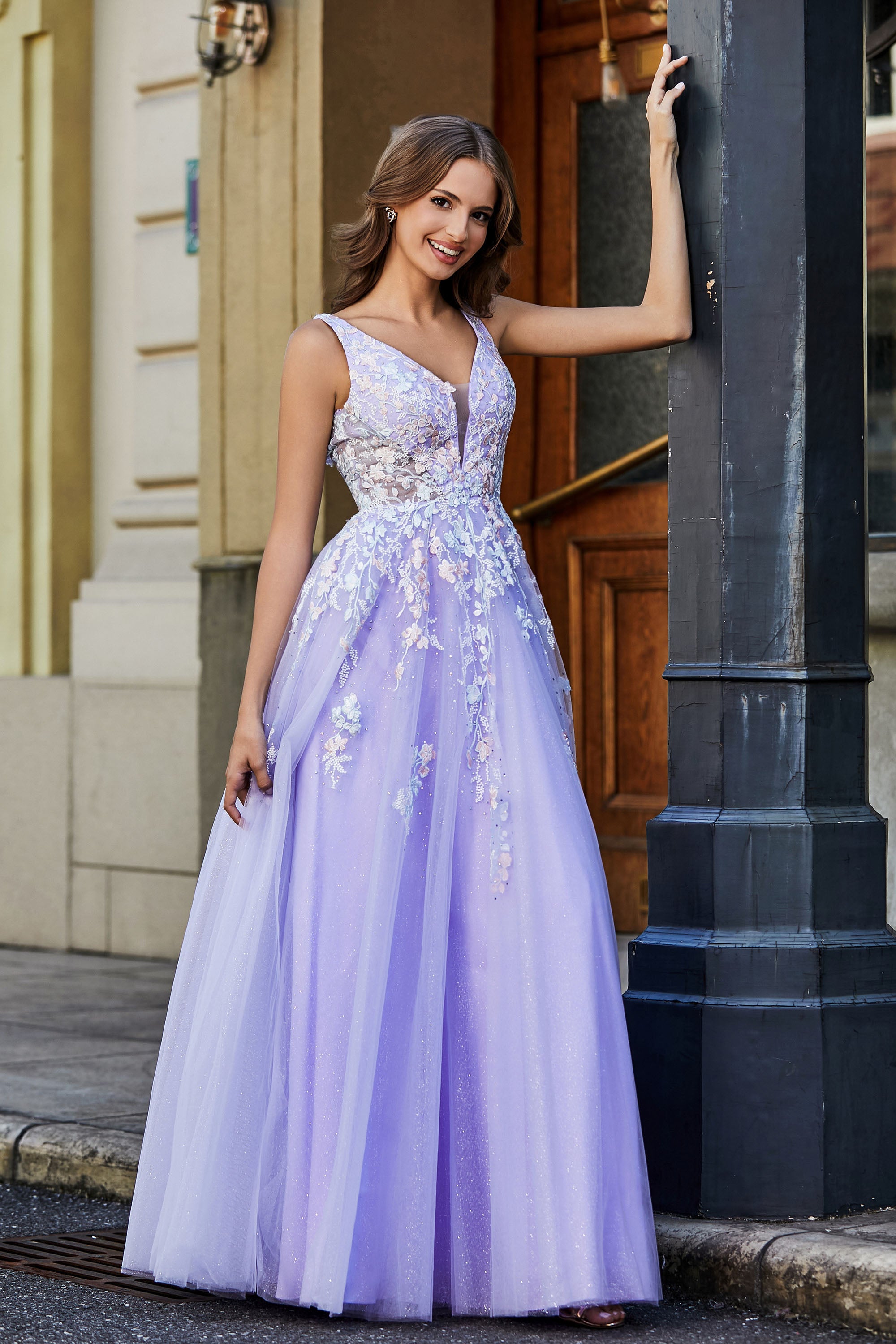 Glitzernde Perlenapplikationen A-Linie Tüll Maxi Ballkleid Partykleid Abendkleid