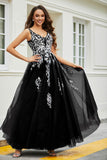 Glitzernde Perlenapplikationen A-Linie Tüll Maxi Ballkleid Partykleid Abendkleid