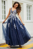 Plunging V-neck Applique A-Line Tulle Prom Party Dress Formal Evening Ball Gowns
