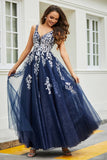 Glitzernde Perlenapplikationen A-Linie Tüll Maxi Ballkleid Partykleid Abendkleid