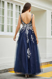 Glitzernde Perlenapplikationen A-Linie Tüll Maxi Ballkleid Partykleid Abendkleid