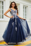 Glitzernde Perlenapplikationen A-Linie Tüll Maxi Ballkleid Partykleid Abendkleid