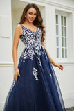 Glitzernde Perlenapplikationen A-Linie Tüll Maxi Ballkleid Partykleid Abendkleid
