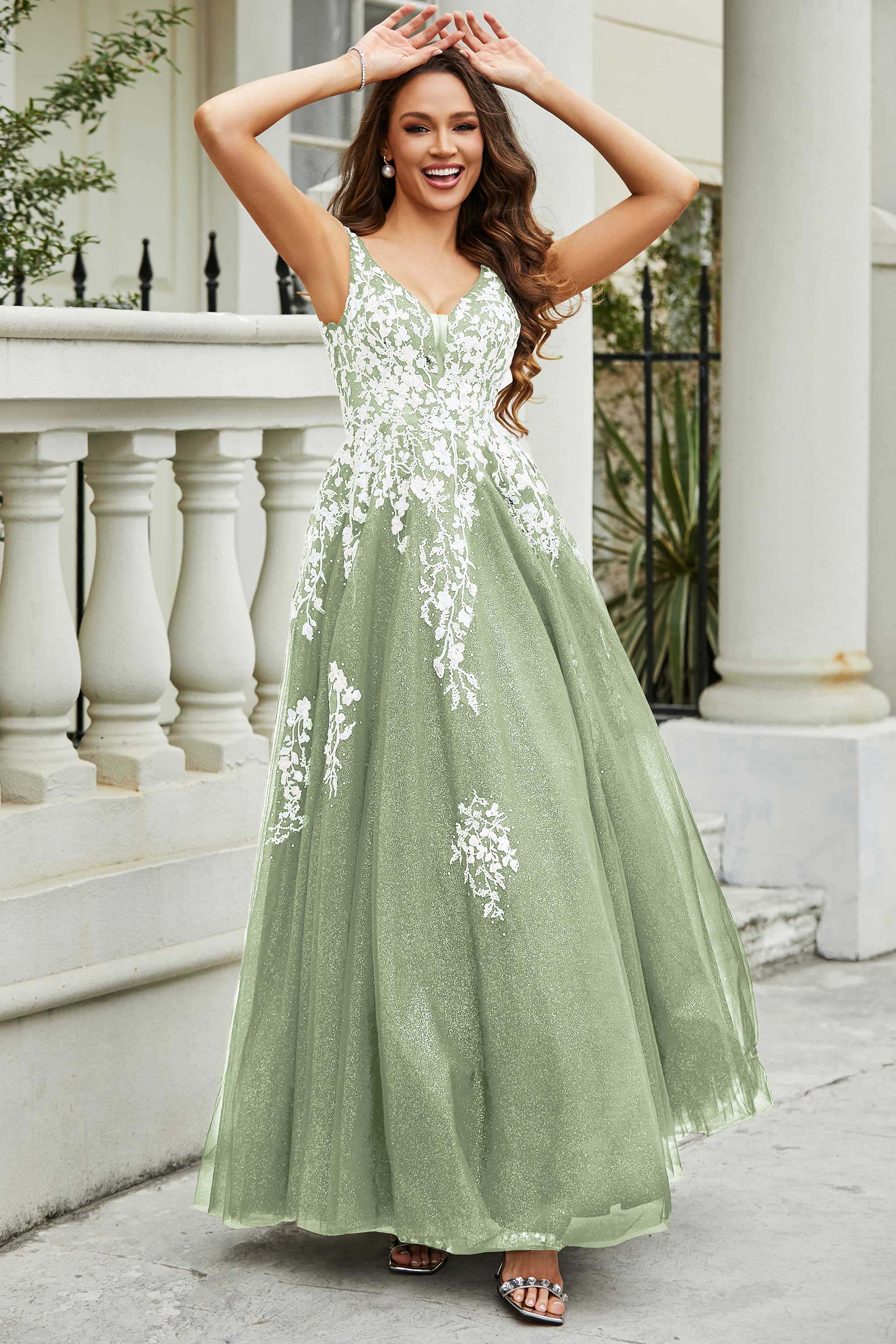 Rückenfrei A-Linie Tüll Ballkleid Formales Abendkleid mit Perlenapplikationen