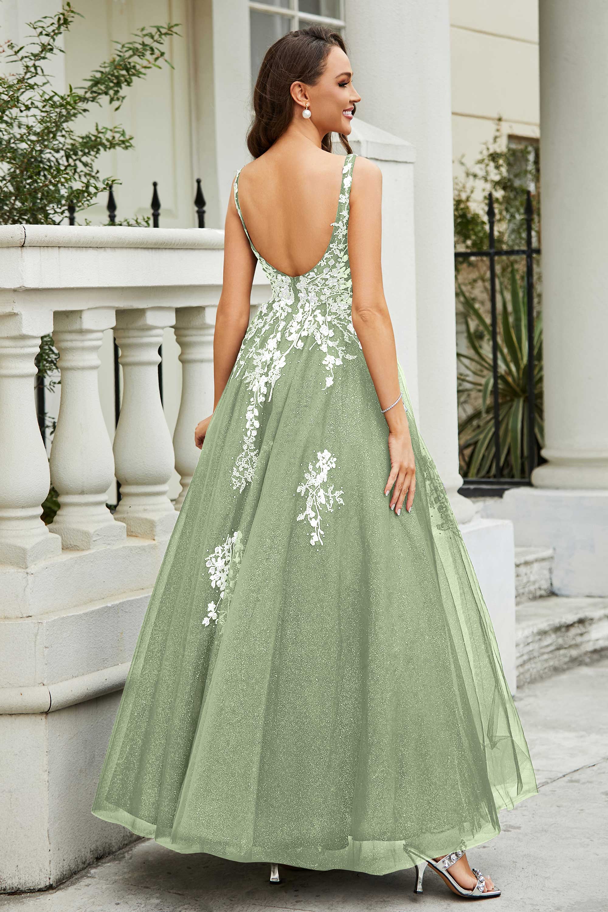Glitzernde Perlenapplikationen A-Linie Tüll Maxi Ballkleid Partykleid Abendkleid
