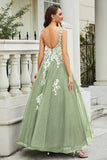 Glitzernde Perlenapplikationen A-Linie Tüll Maxi Ballkleid Partykleid Abendkleid