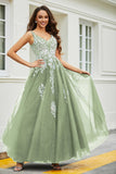 Glitzernde Perlenapplikationen A-Linie Tüll Maxi Ballkleid Partykleid Abendkleid